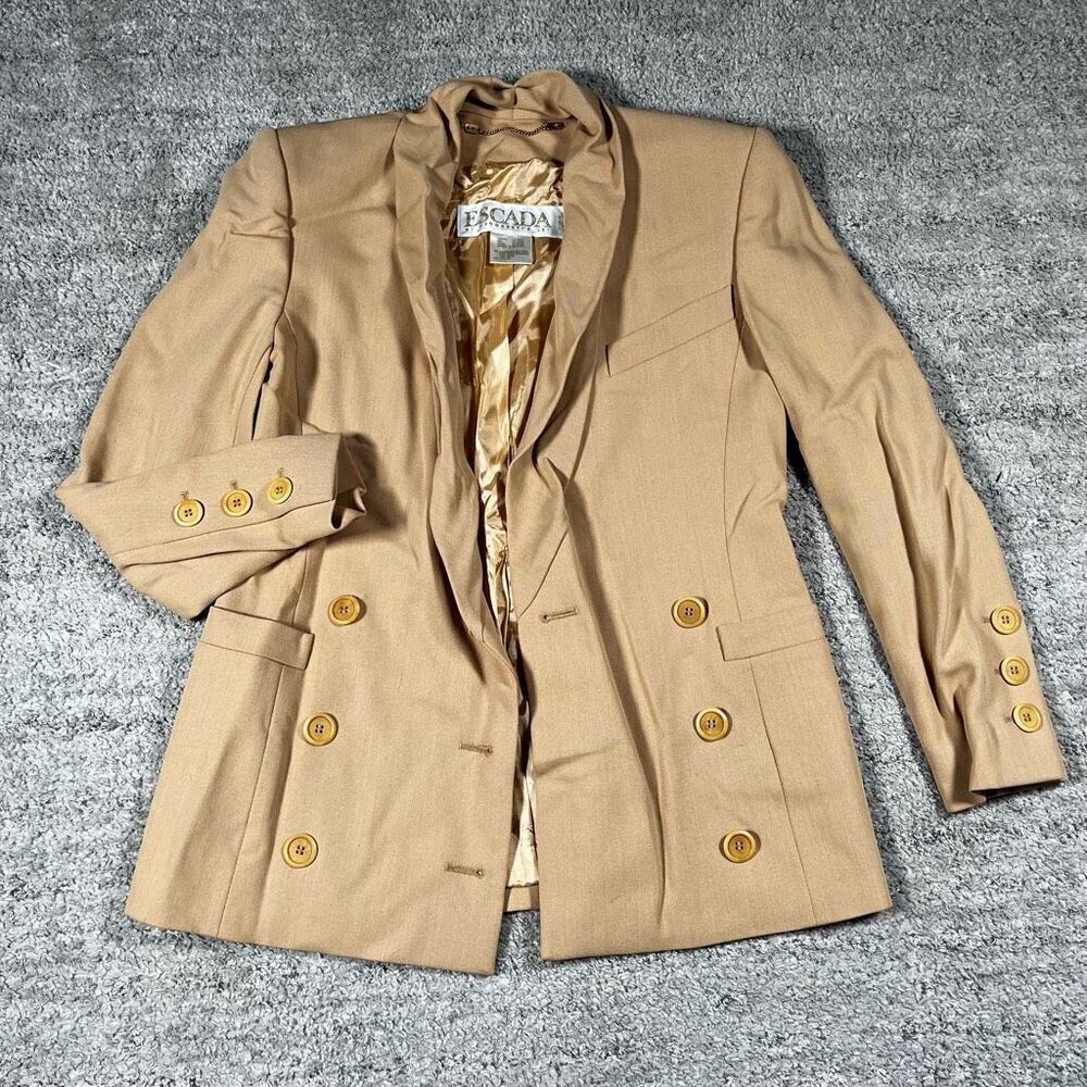 Escada Margaretha Ley Double Breasted Mustard Tan Blazer Suit Jacket